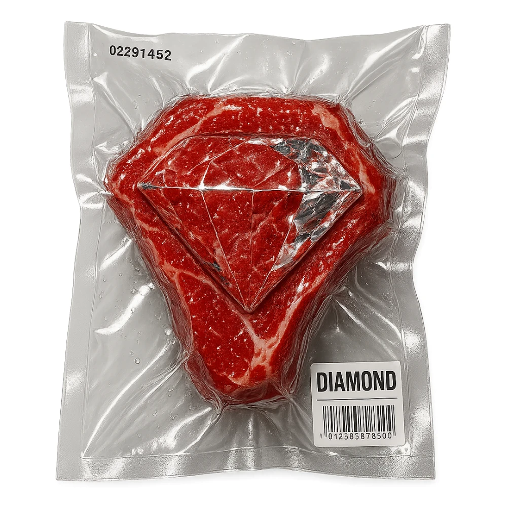 meat steak with sparkling diamond facets, glossy and puffy, no background sticker