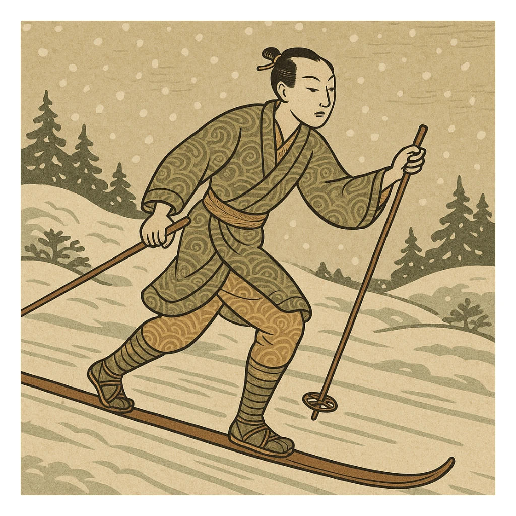 person skiing cross-country, ukiyo-e inspired, snowy background, elegant pose, classic Japanese art style sticker