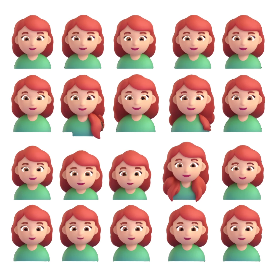 A set of emojis for a Telegram channel called 'Рыжая Начинка' featuring a red-haired girl with various expressions and activities, in the style of 3D emojis. sticker