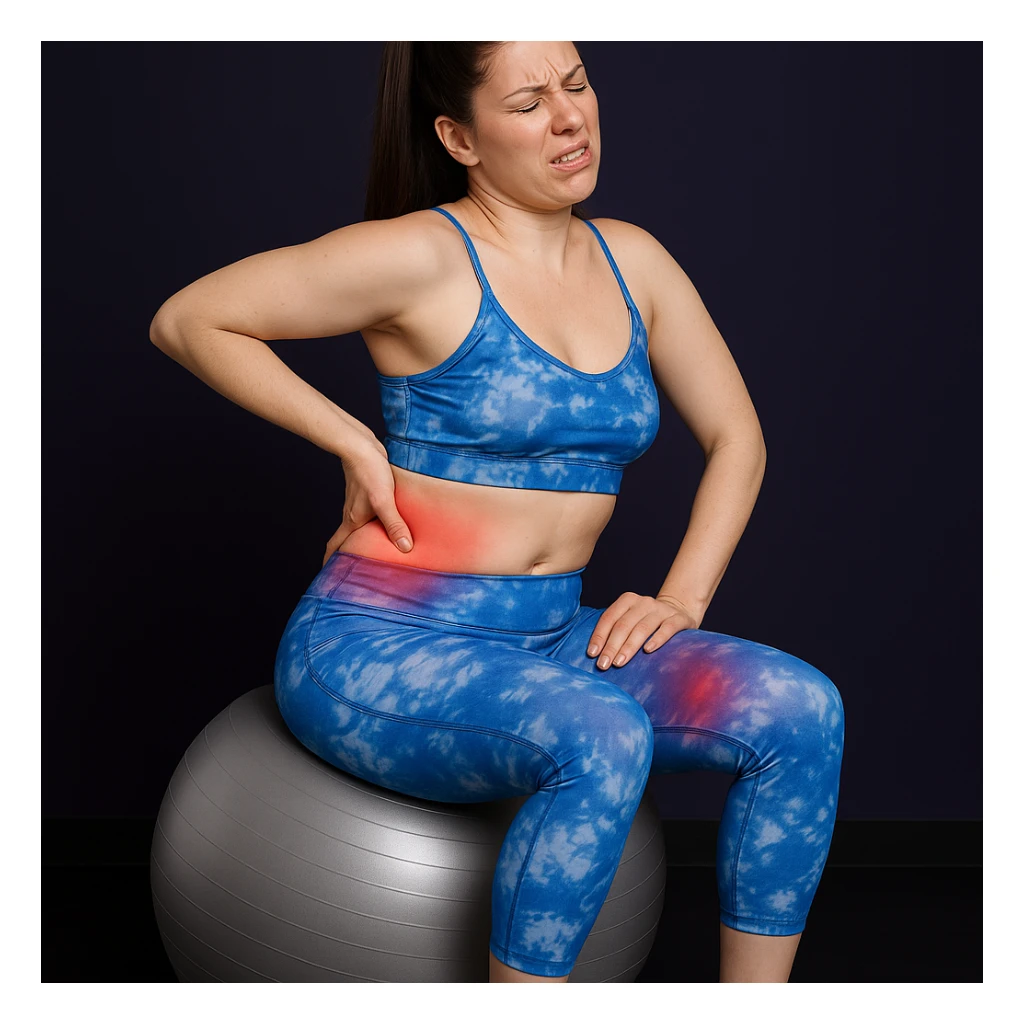 A slender woman in 4K, sitting on an exercise ball, trying to stretch her back but stopping, one hand on the lumbar area and the other on the hip, tense face from pain, both areas reddened, inspired by the reference photo. sticker