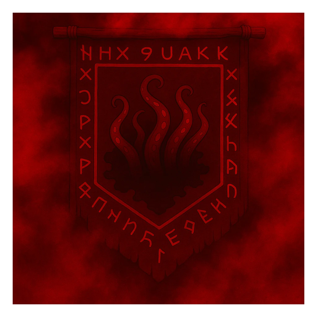 Change the color scheme to red and black with intense red fog and mist, creating an overall red horror palette. Keep all other details unchanged. sticker