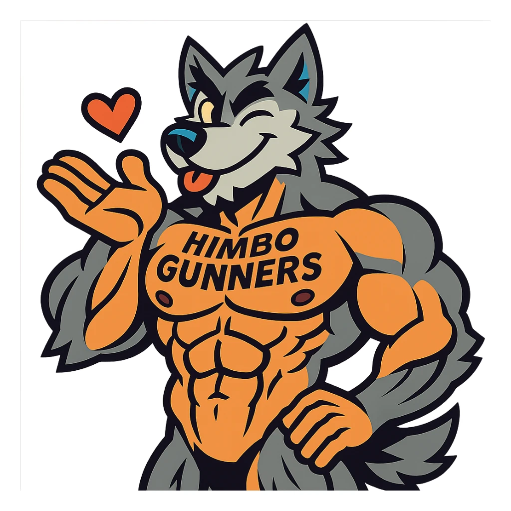 extremely muscular wolf furry, shirtless, with 'Himbo Gunners' tattoo on his chest, blowing a kiss and winking, charming and playful, detailed muscles and fur, ultra high quality sticker