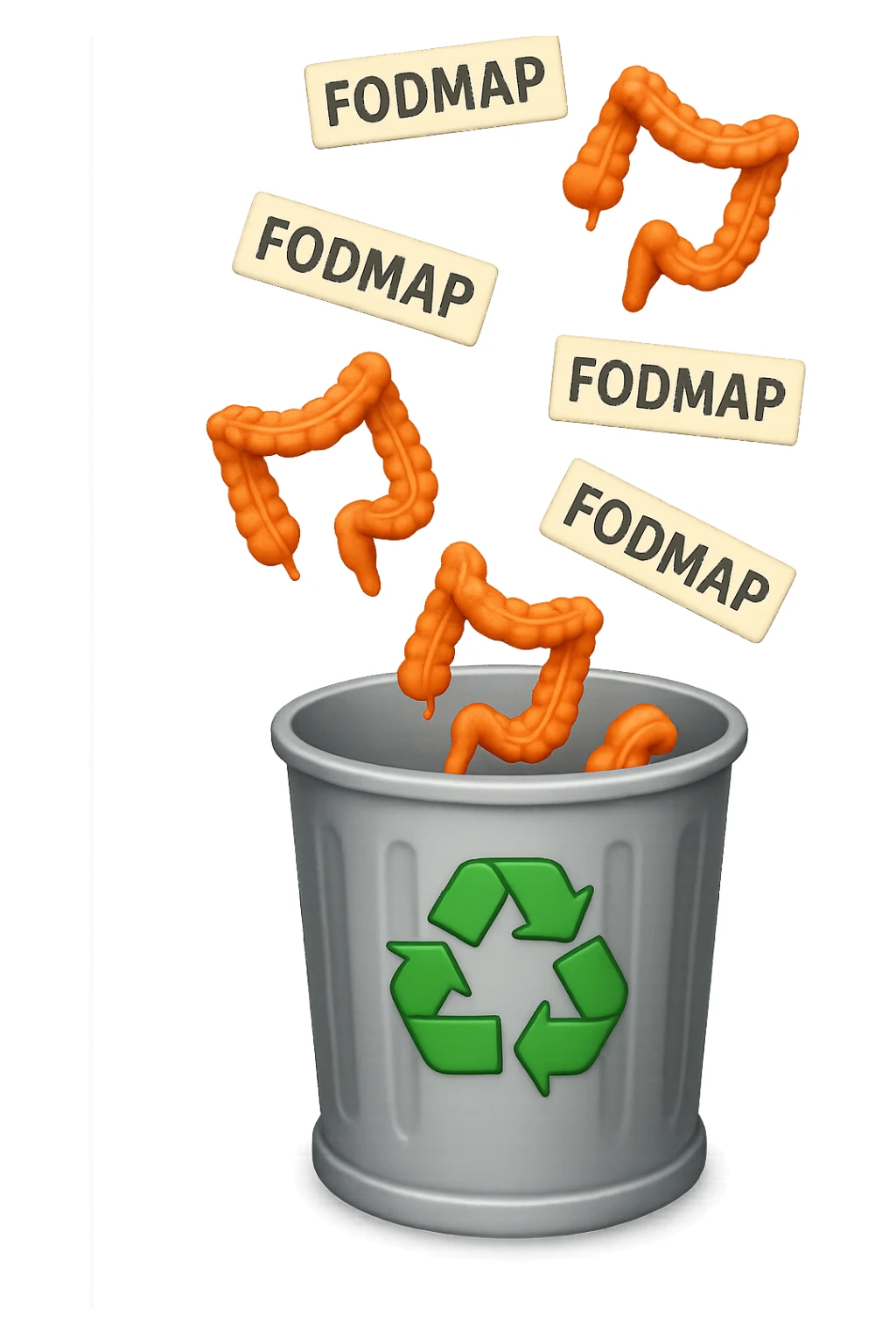 cinque scritte piccole "FODMAP" e piccoli pezzi di colon cadono in un secchio della spazzura con simbolo "recycle" sopra, stile emoji iphone, iperrealistico 4k sticker