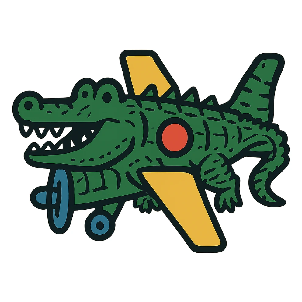 Make the war plane and crocodile fusion much more crocodile-like, emphasizing crocodile features such as the head, scales, teeth, and tail, while keeping the original bold illustrative style. Maintain a transparent background. sticker