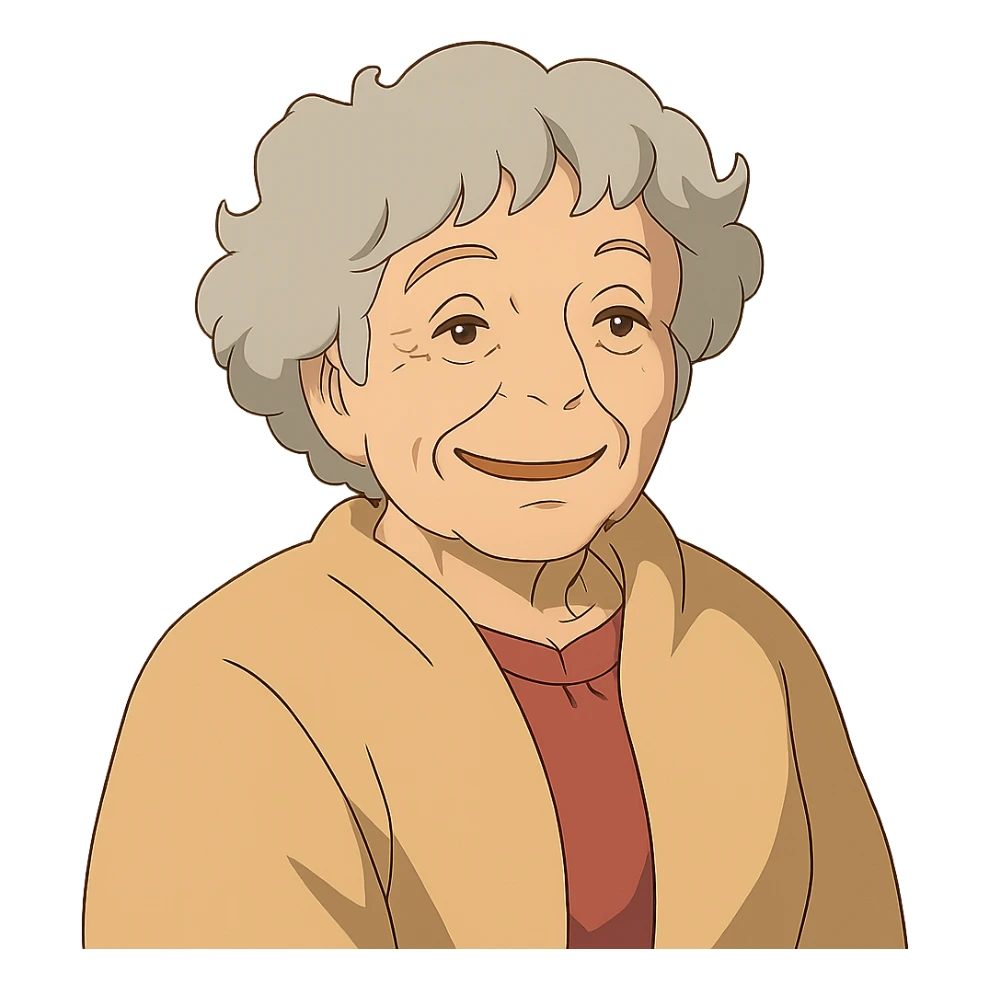 ghibli style older lady with silver curly hair smiling sticker