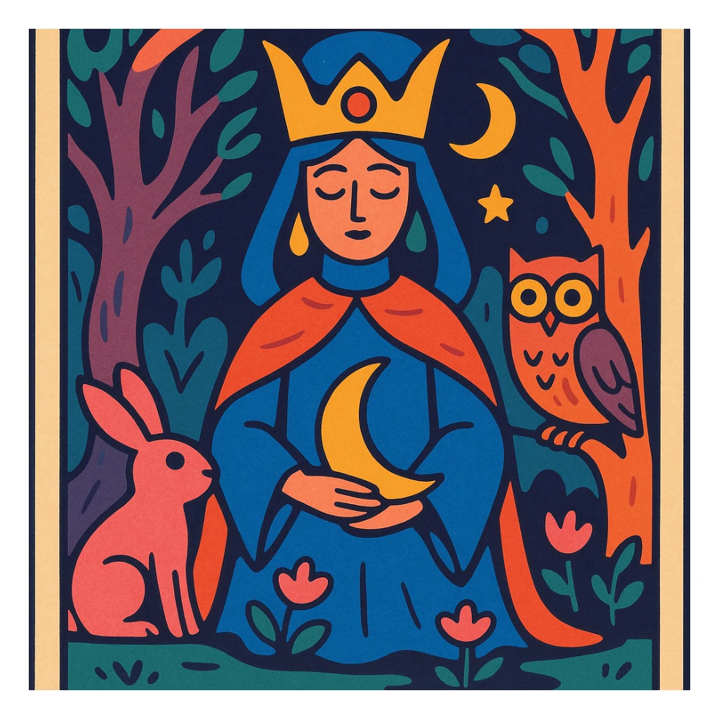 A tarot card featuring The High Priestess, surrounded by ancient trees and mystical creatures, in a whimsical fantasy style. sticker