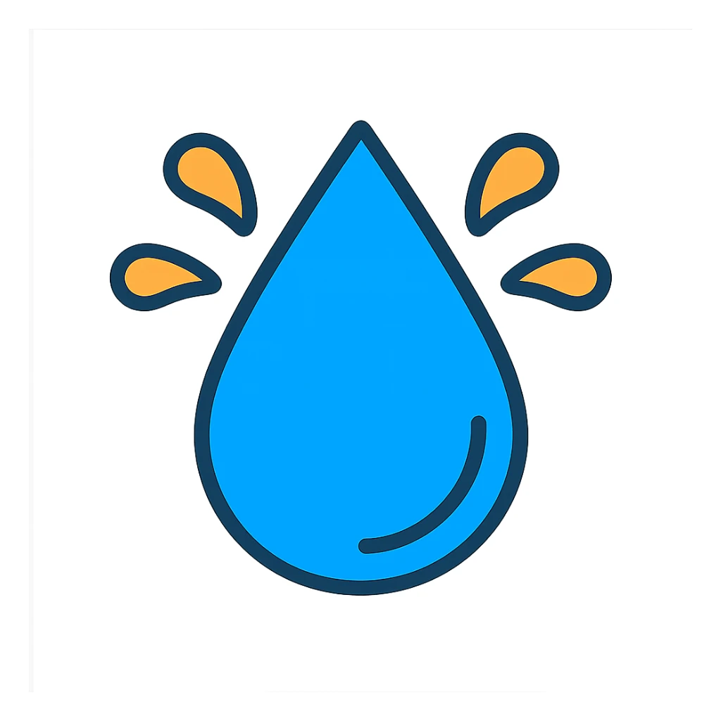 cartoon sweat drop bursting with splash marks, vibrant and playful, colorful outlined icon style sticker