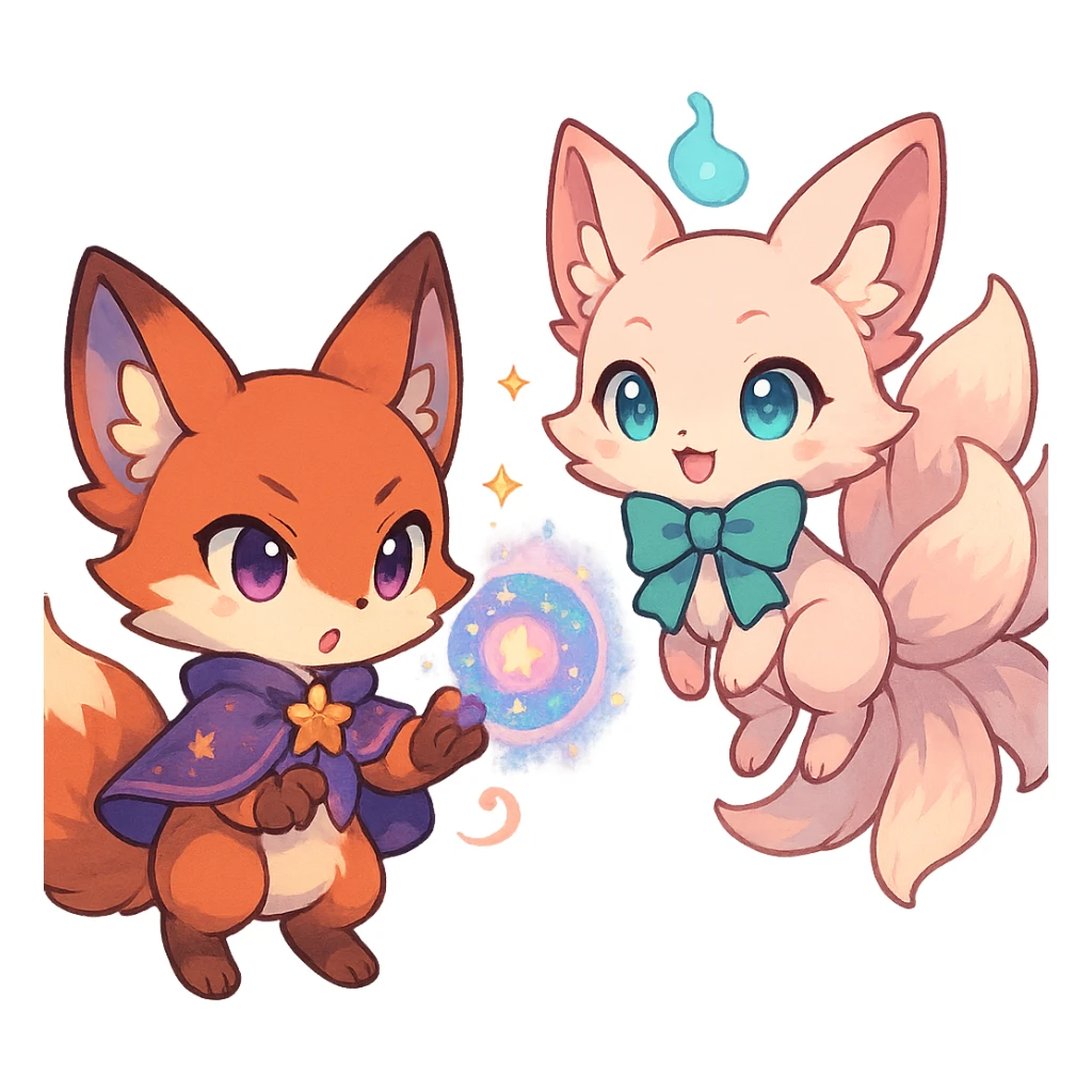 chibi anime style fox duo, both magical, one casting a spell, the other floating, cute, colorful, detailed sticker
