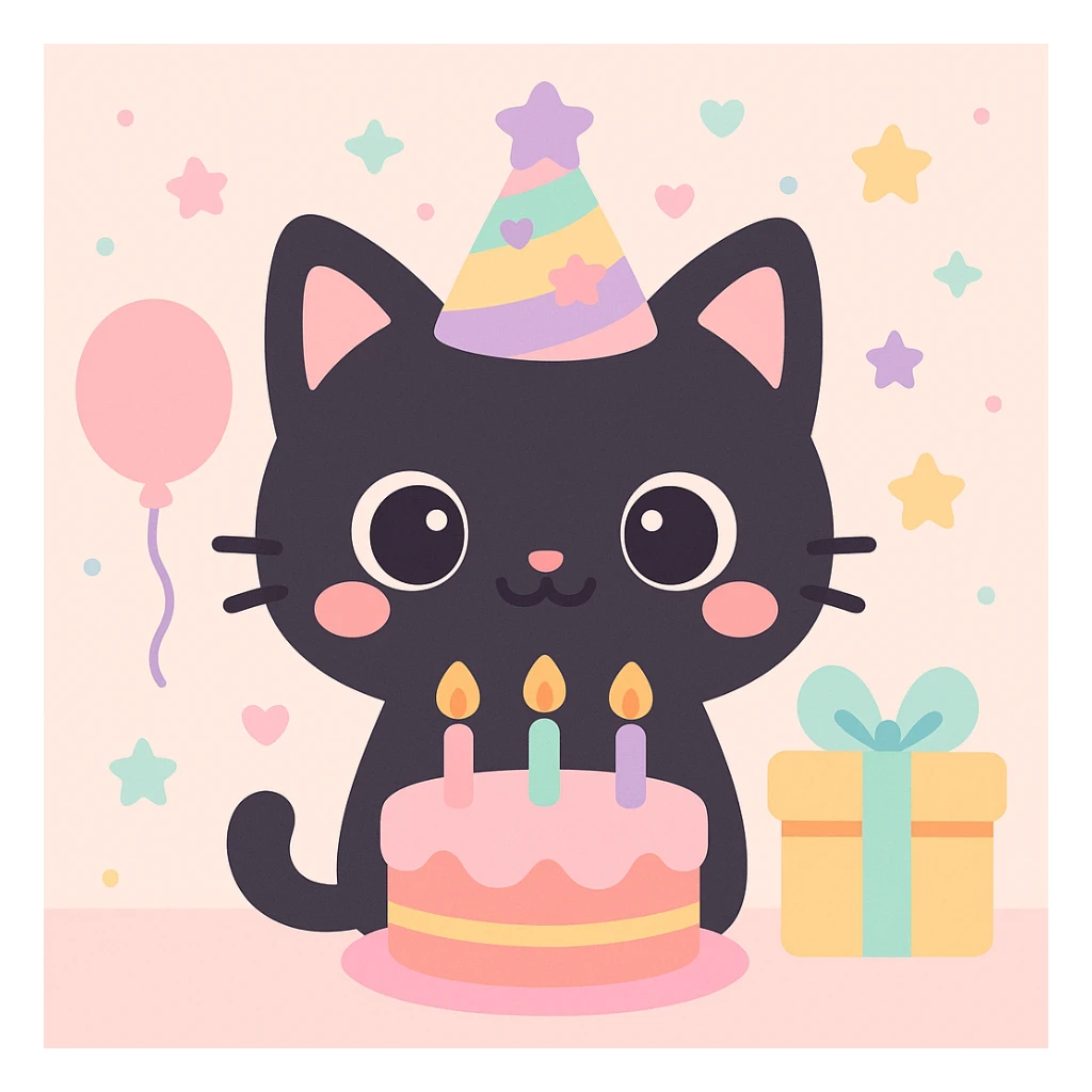 a black cat having a birthday party, kawaii style sticker