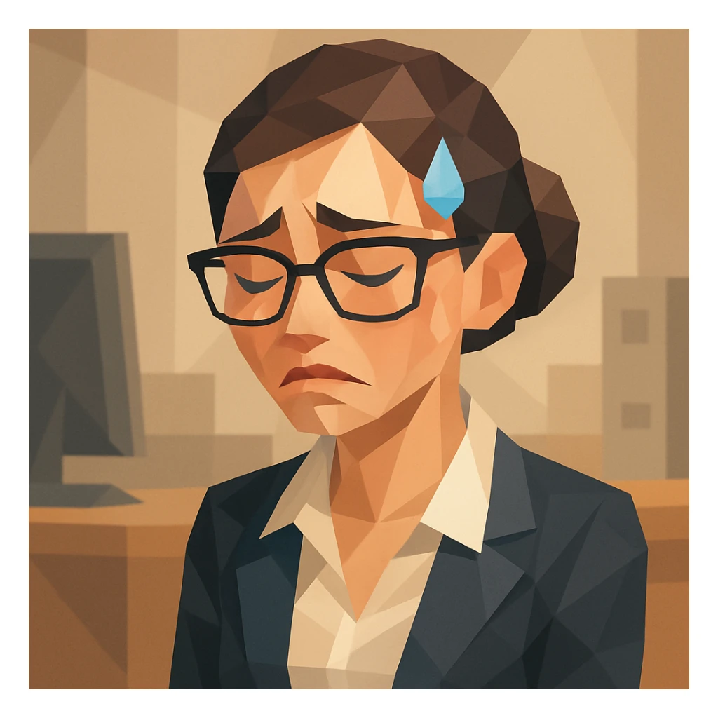 a hot office woman with glasses, a sweat drop coming down from her head, and an ashamed facial expression, modern illustration style sticker