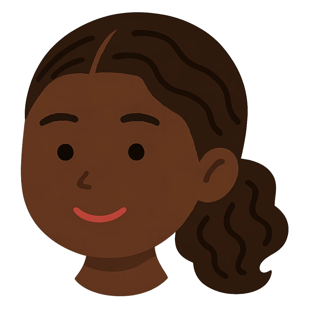 Edit the image to make the skin color much darker while keeping the Irasutoya style with soft colors, a round face, simple features, and a friendly expression. Ensure there is no neck visible and maintain a transparent background. The style should remain consistent with Irasutoya's characteristic look. sticker