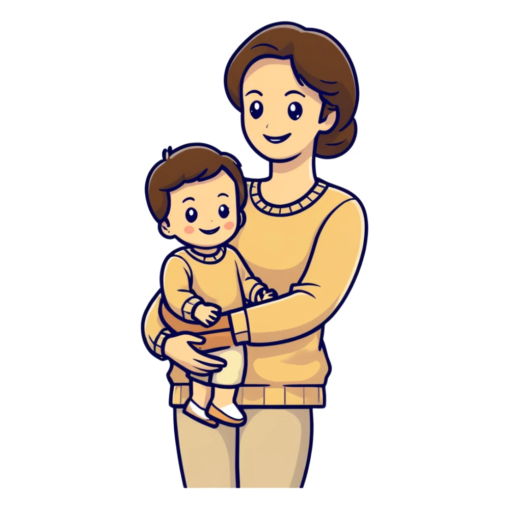 A happy mother with a child in beige clothes sticker