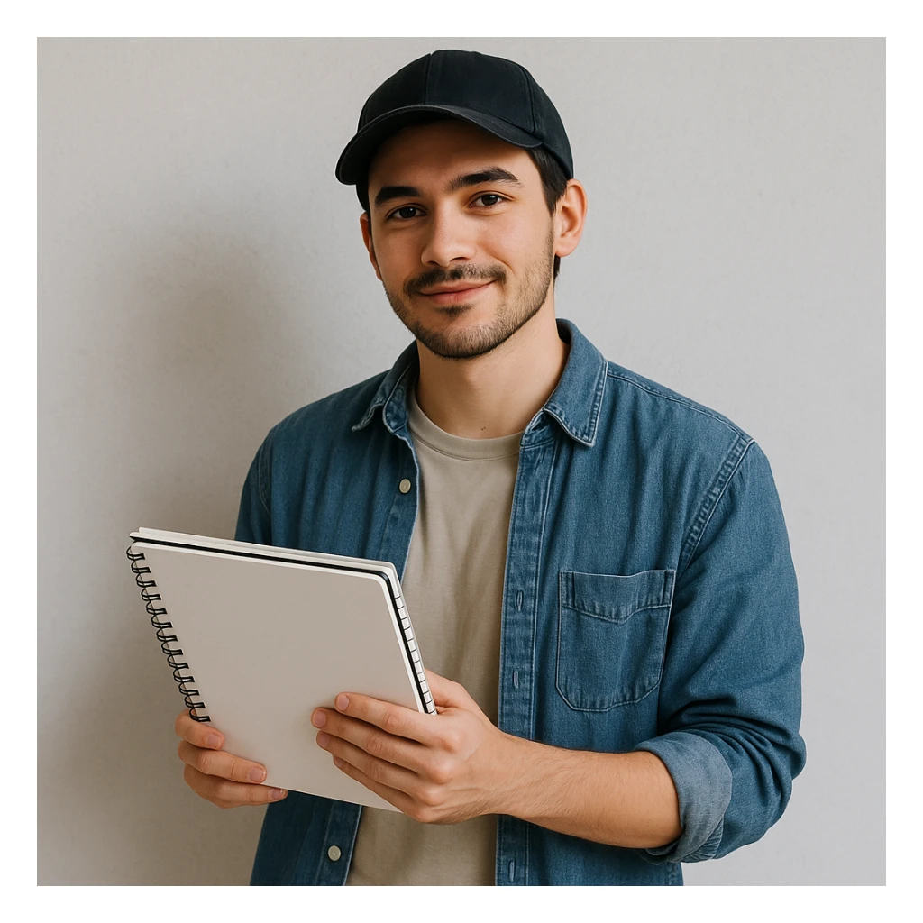 young designer with a baseball cap, holding a sketchbook, casual look sticker