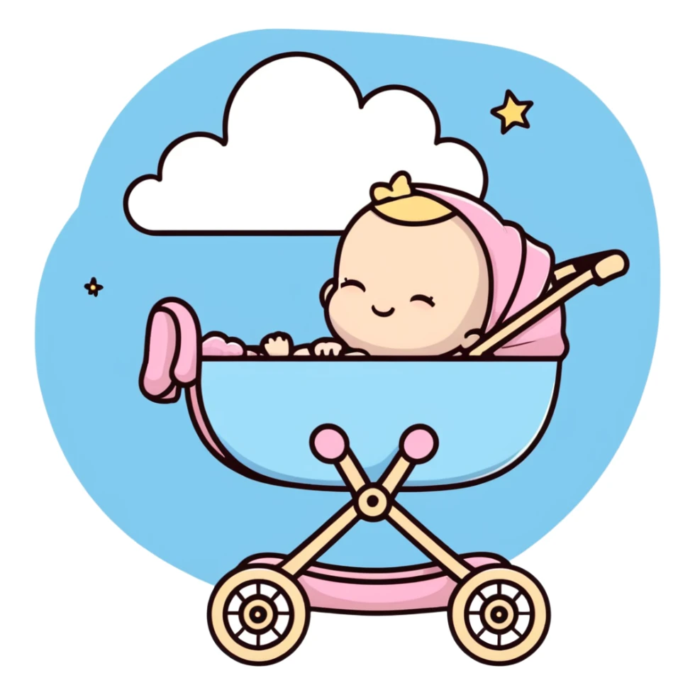 sleeping baby in pink and beige stroller with fluffy pastel blue clouds and shining stars decorating the entire scene sticker