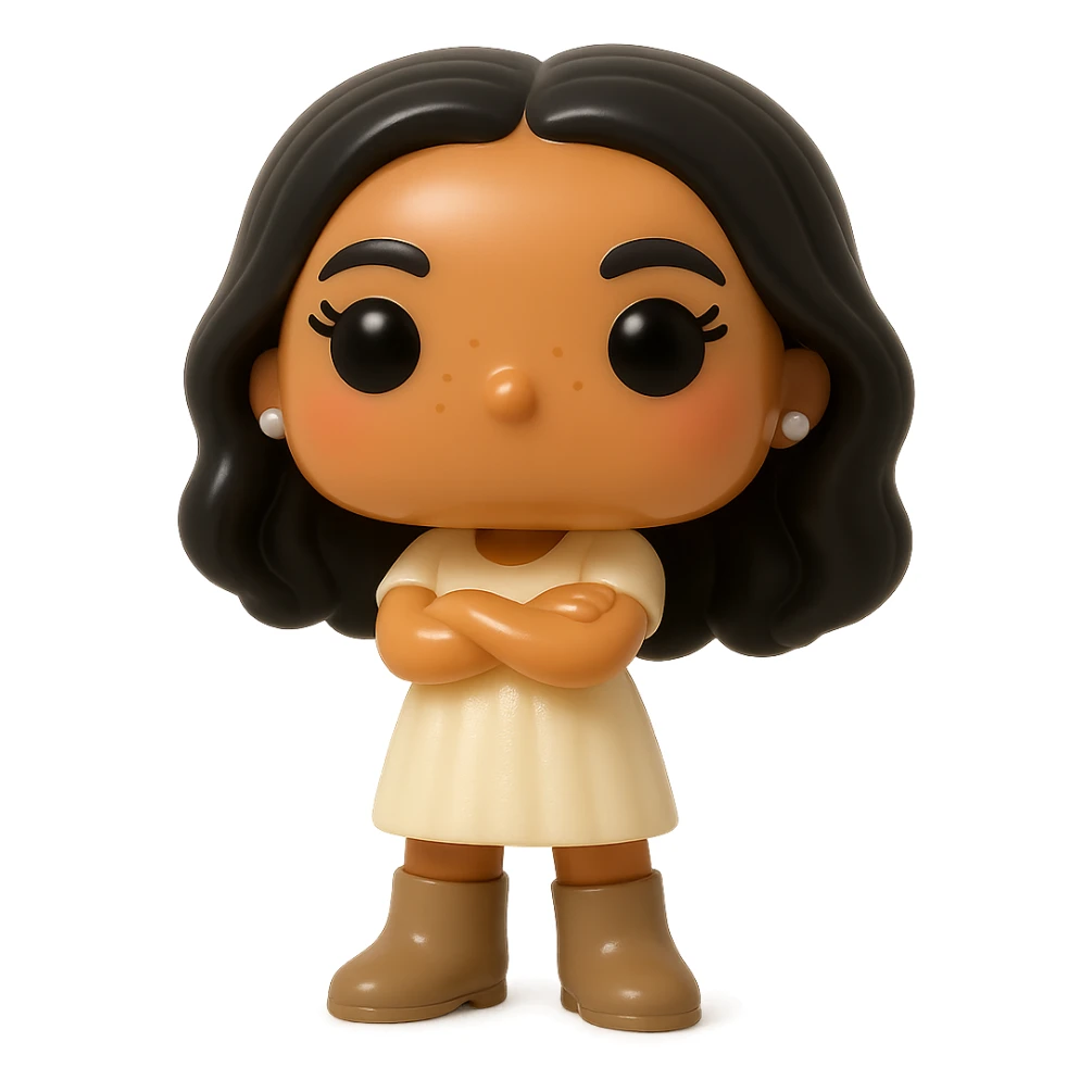 Enhance the Funko Pop style vinyl figure with superior quality, luminous smooth tanned skin, detailed dark hair, textured feminine cream dress, small pearly earrings, greige leather boots clearly visible, arms crossed, rosy cheeks, very discreet freckles, eyelashes, mischievous and cheerful expression, no mouth, transparent background. sticker