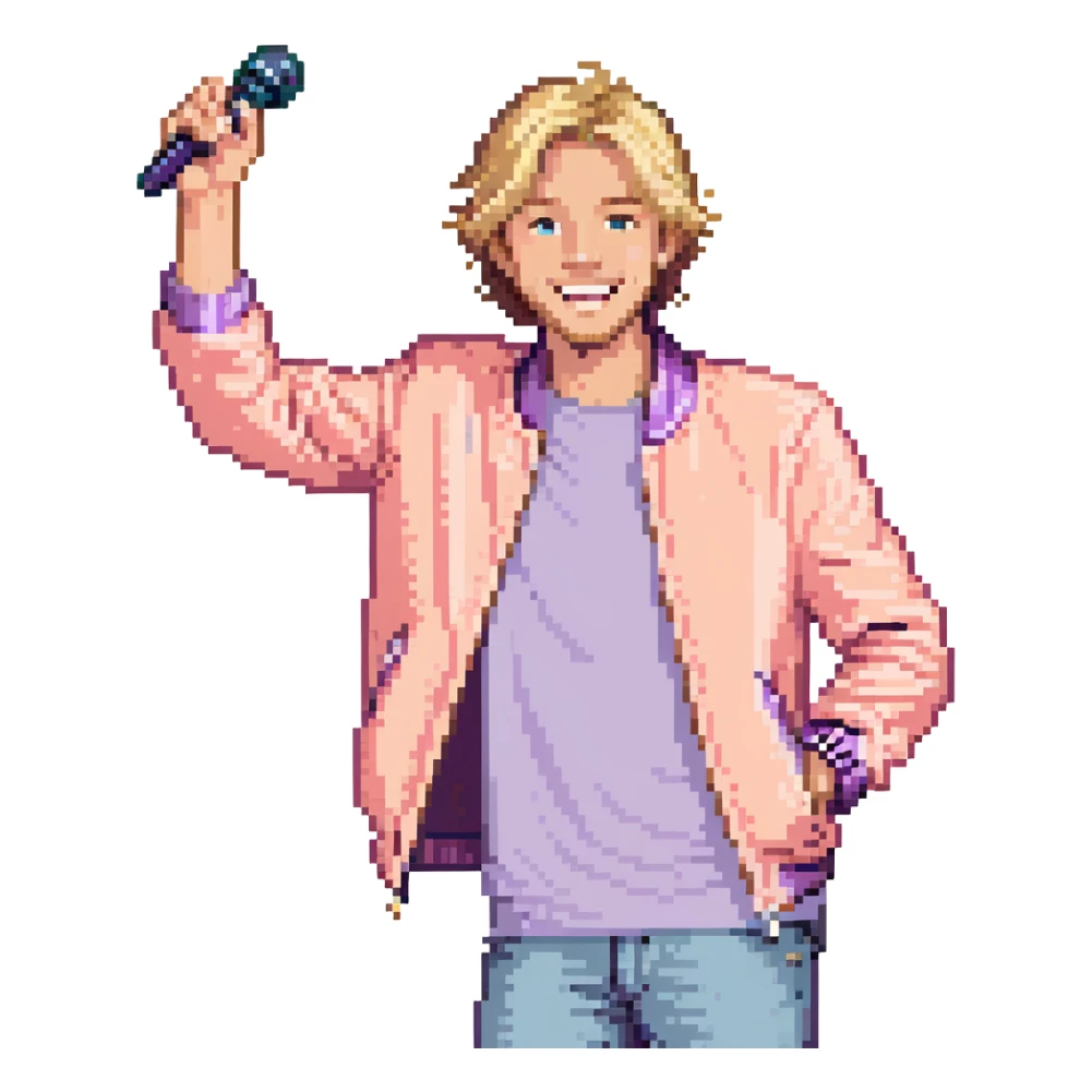 Pixel art style, expressive male performer, Caucasian features, short sandy blonde hair, lively eyes, wide cheerful smile, wearing a coral violet jacket over white tee, tossing a microphone in one hand, waist-up, front-facing sticker