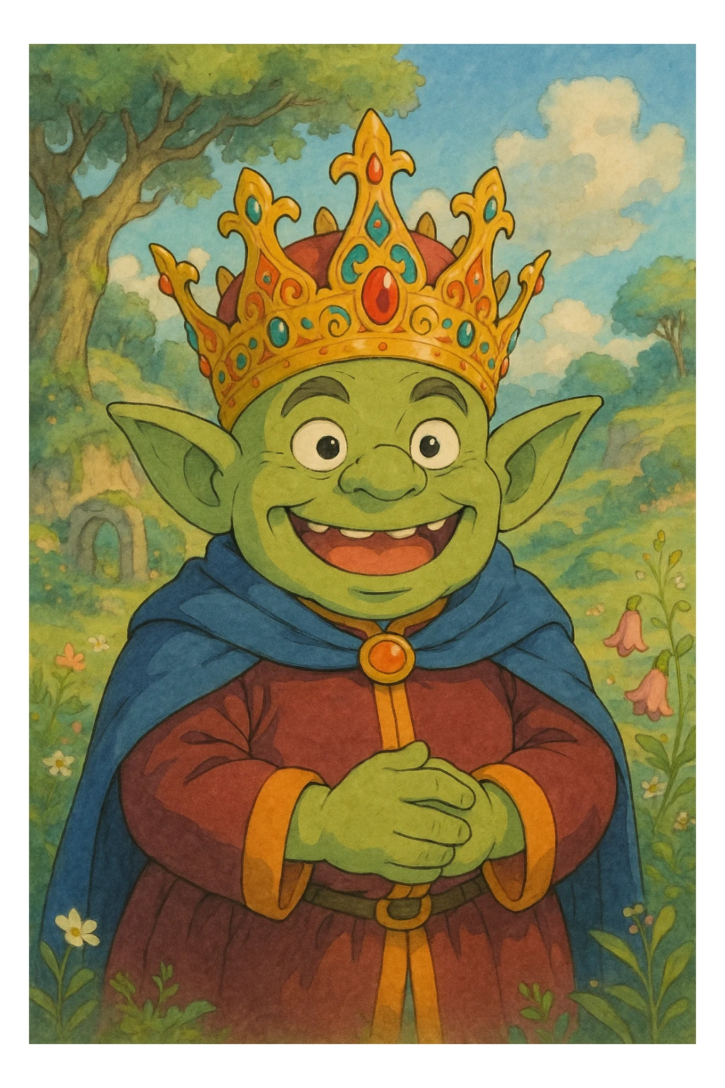 happy goblin king, beardless, wearing a crown, ghibli-inspired style sticker