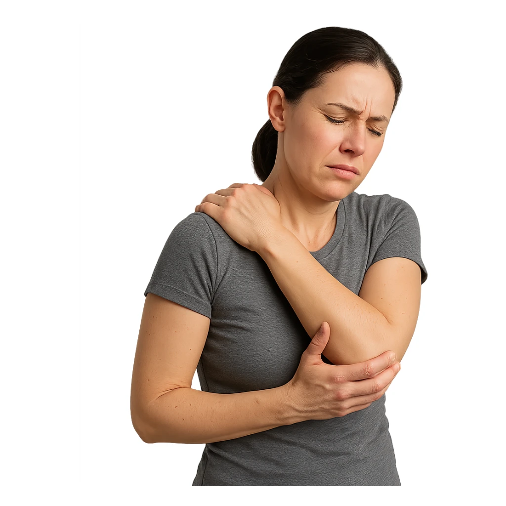realistic woman with rigid posture massaging shoulder with hands, expression of discomfort, on white background sticker