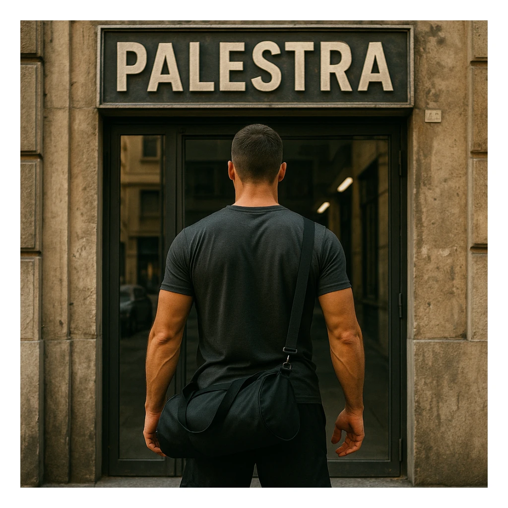 hyper realistic man seen from behind standing in front of a gym entrance with the sign 'Palestra', ready to enter, realistic details, motivating atmosphere, urban background sticker
