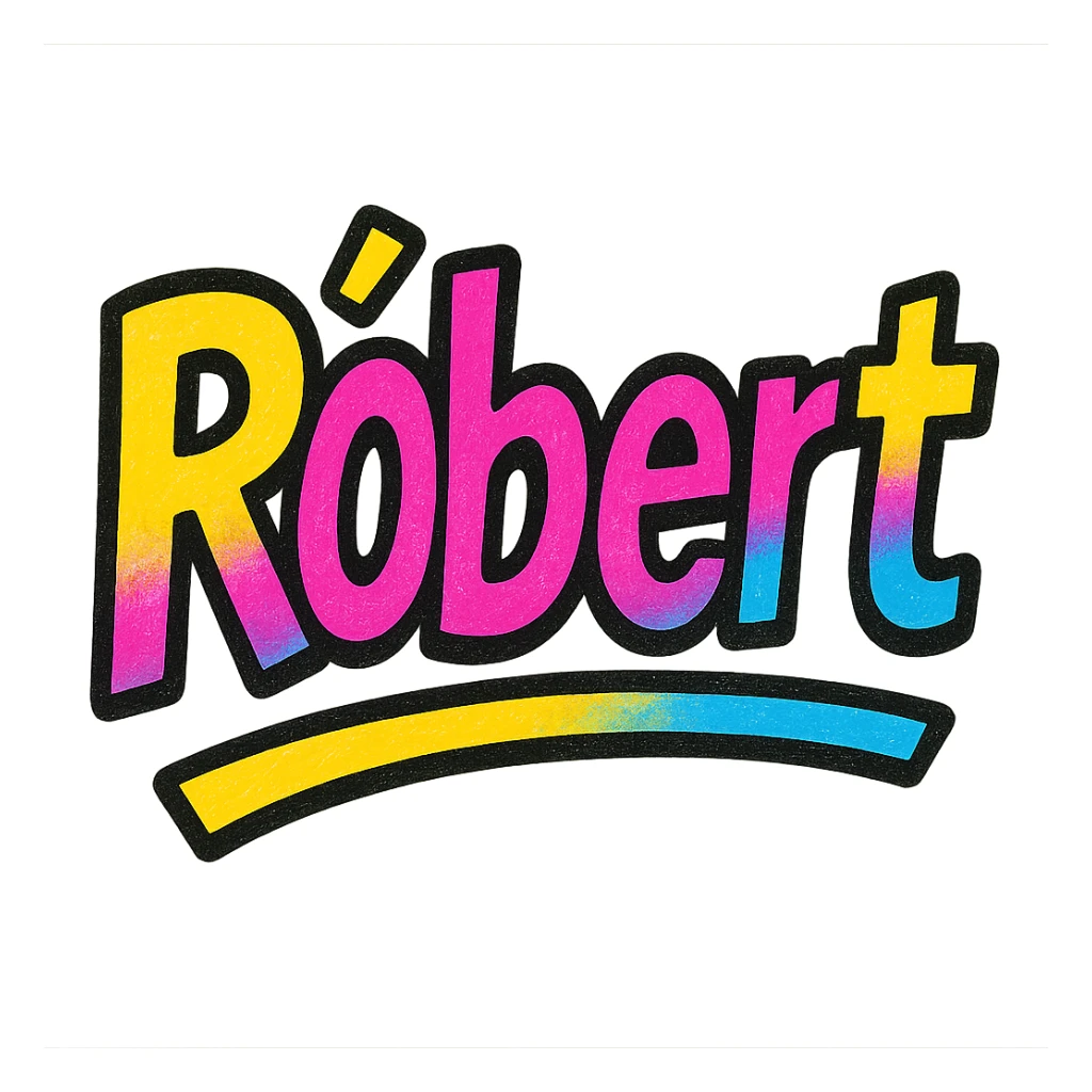 The name 'Róbert' in a modern, colorful gradient font with a dark outline, dynamic, slanted or partial underline, in the style of reference patterns. sticker
