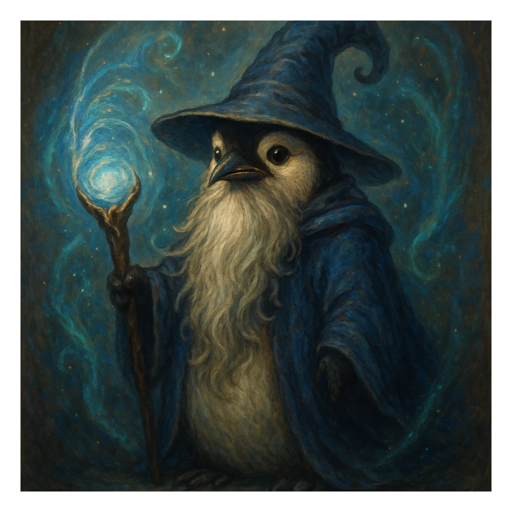 a penguin wizard with a long beard, magical staff, and mystical aura, in a fantasy-inspired style sticker