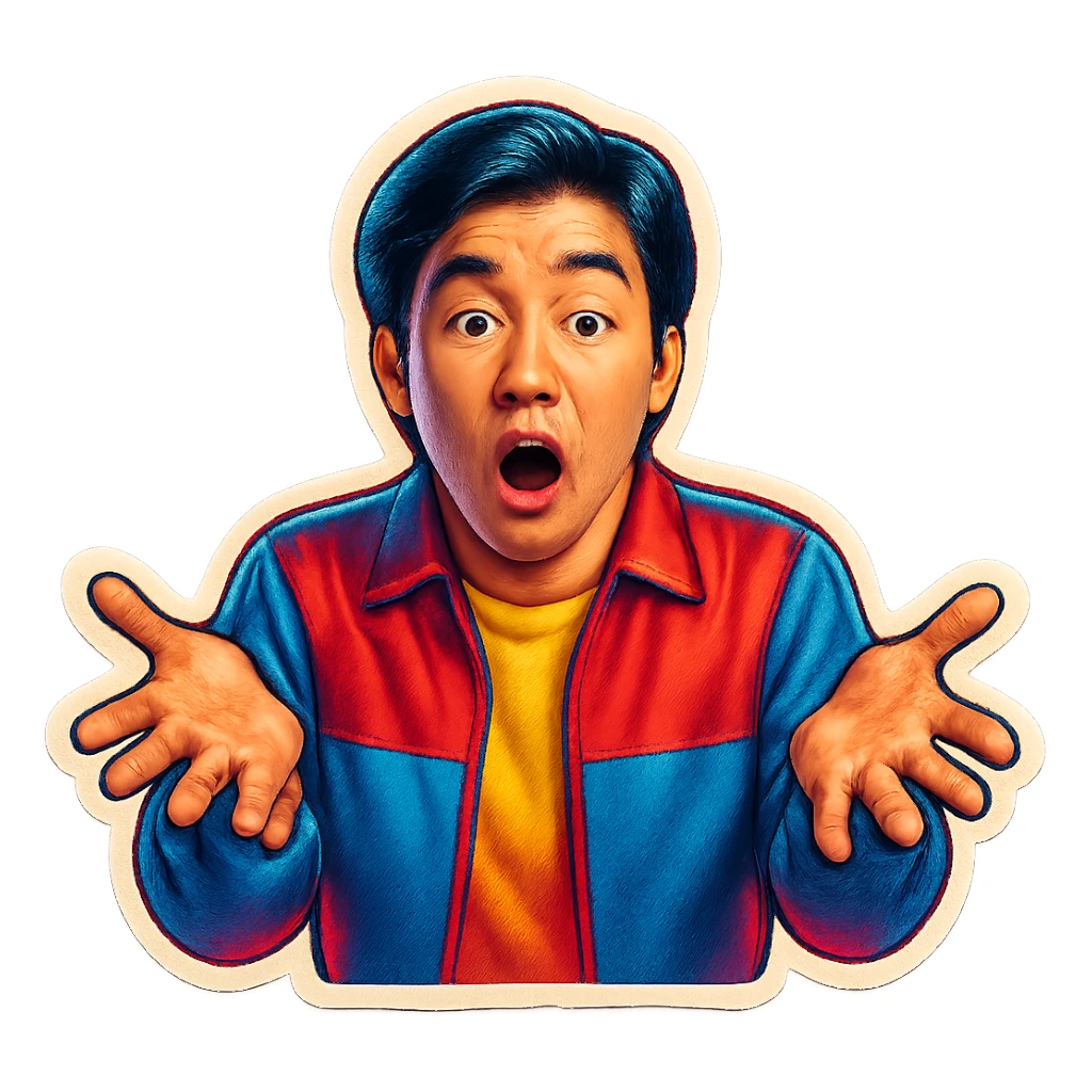The same Japanese man looks at the viewer with a surprised look, and his hands are empty sticker