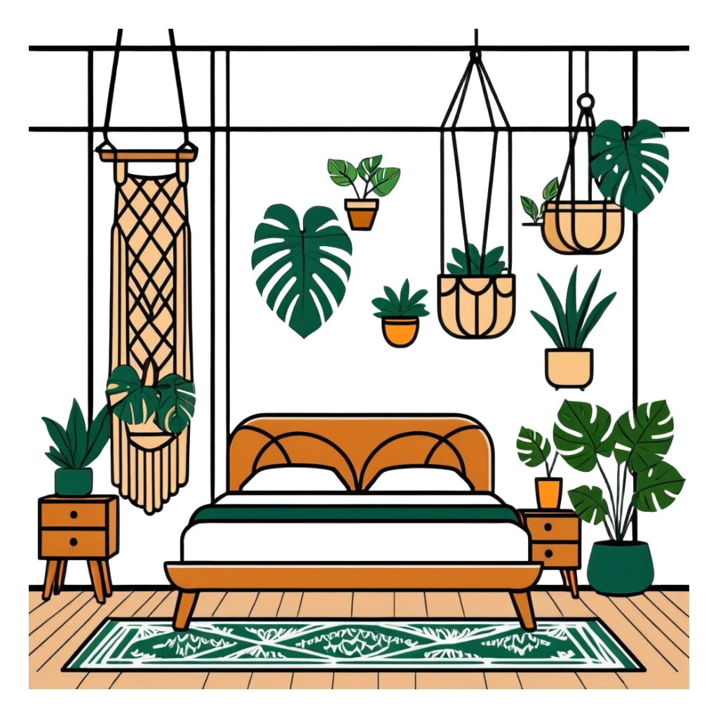 modern bohemian bedroom with monstera plants, hanging planters, macrame wall art, and wooden furniture sticker