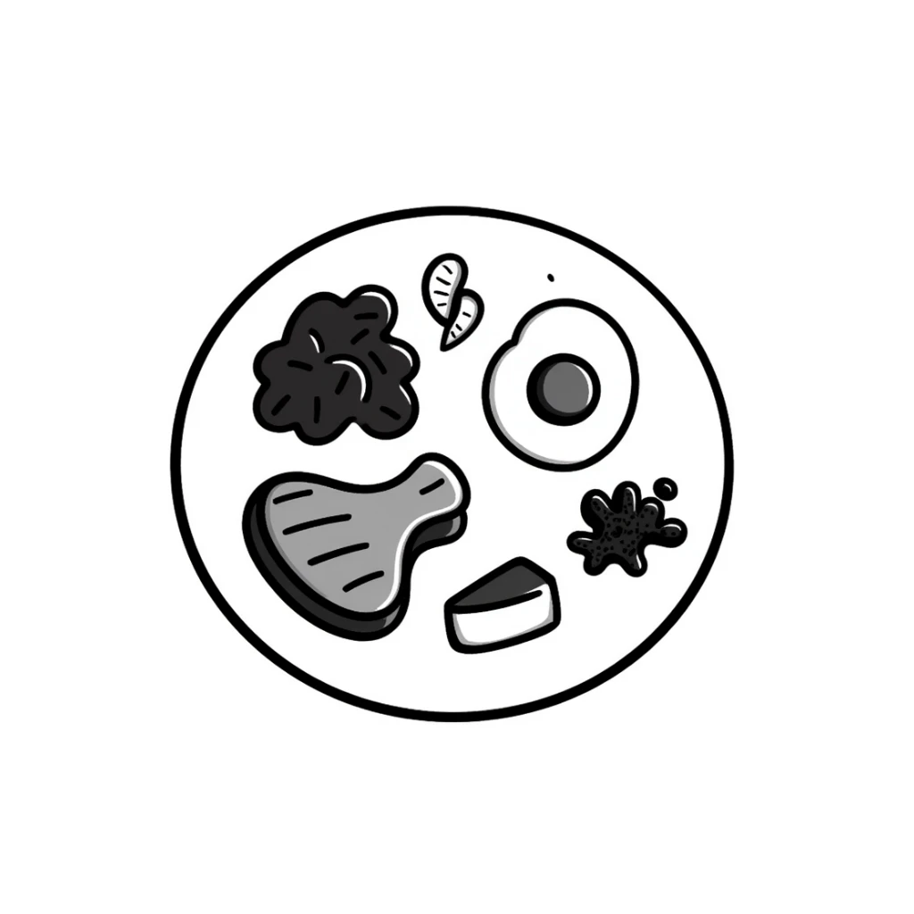 A plate with various protein foods arranged neatly: meat, egg, beans, tofu, and yogurt. sticker