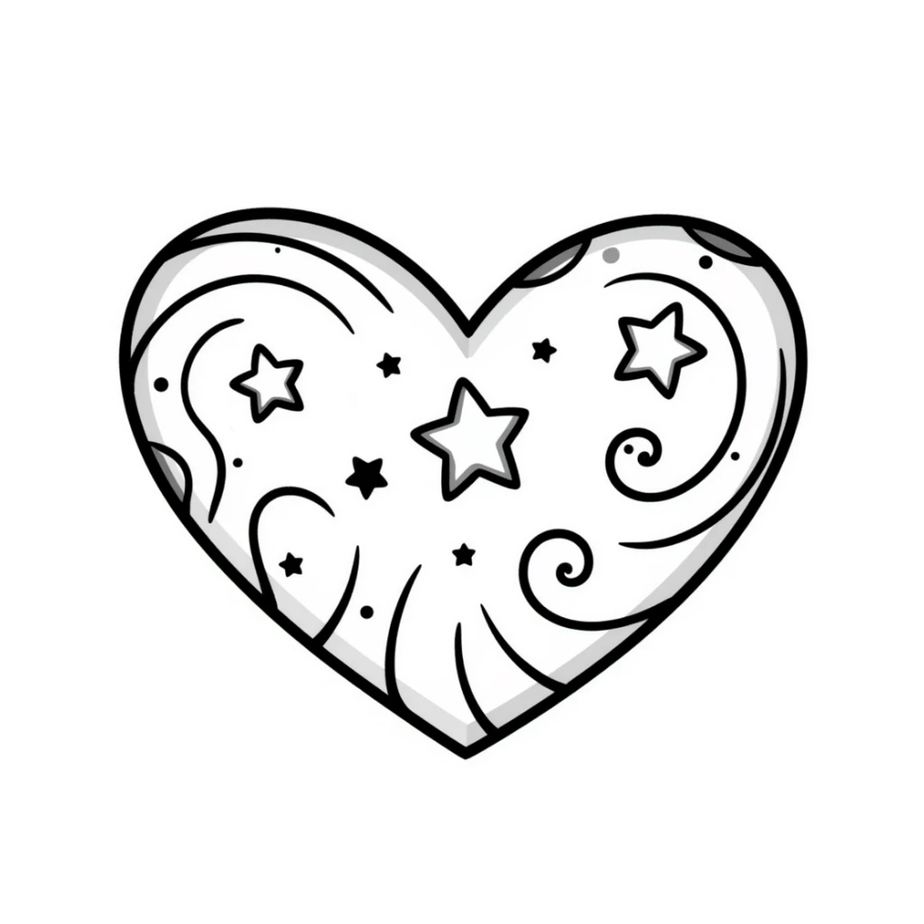 hand drawn heart with stars and swirls, doodle style sticker