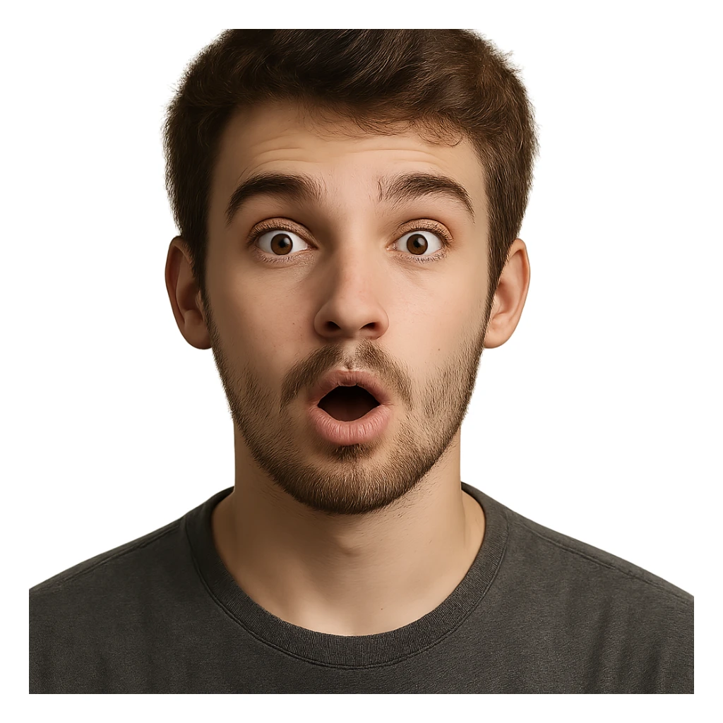 19-year-old boy with light beard and lightly grown mustache, surprised expression, portrait, detailed, realistic sticker