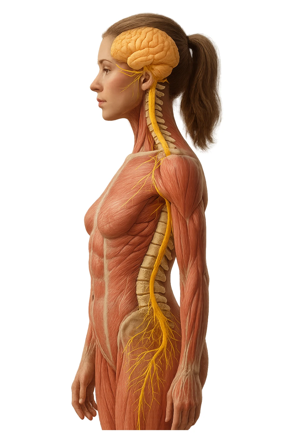 fai un immagine identica che riguarda un esercizio ma mettigli spina dorsale e muscoli in evidenza (anatomica) con colori naturali di un corpo umano (non blu), il nervo giallo si deve vedere molto bene. falla iperrealistica anatomica in 4k con spina dorsale storta in evidenza sticker