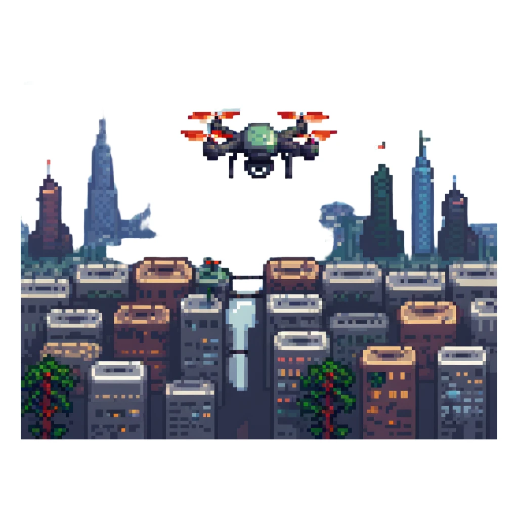 pixel art drone above a cityscape with bright lights sticker