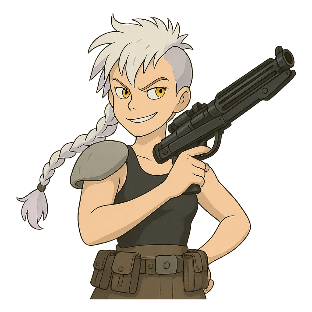 1 FEMALE, GOLD YELLOW EYES, WHITE HAIR LAVENDER TIPS, MESSY LOCKS BANGS MOHAWK, LONG BRAID, small black sports tank top, a single large light gray shoulder pad, tactical belt with many pouches, HOLDING A STORMTROOPER'S E11 BLASTER RIFLE, BRANDISHING, mischevious GLARE, style of star wars original character sticker