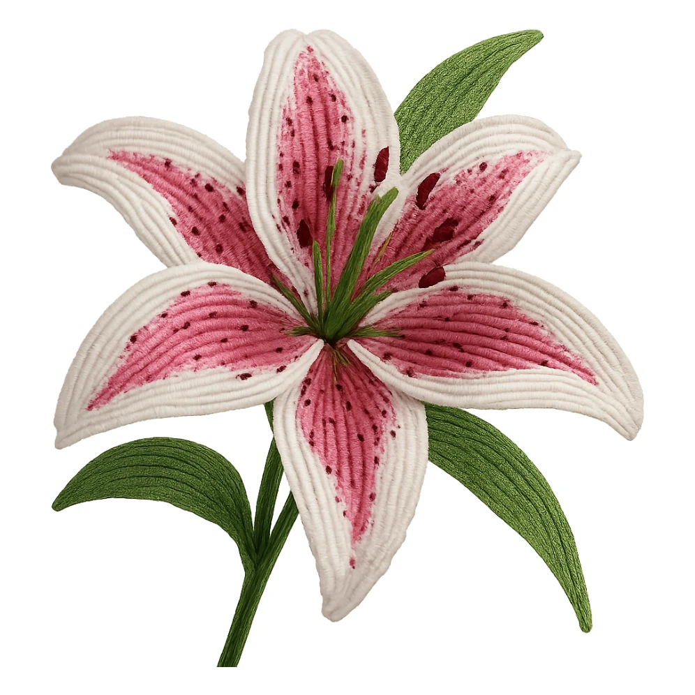 french beaded stargazer lily, intricate glass seed beads, wirework, realistic flower, vibrant pink and white petals, green leaves, elegant, close-up, no background sticker