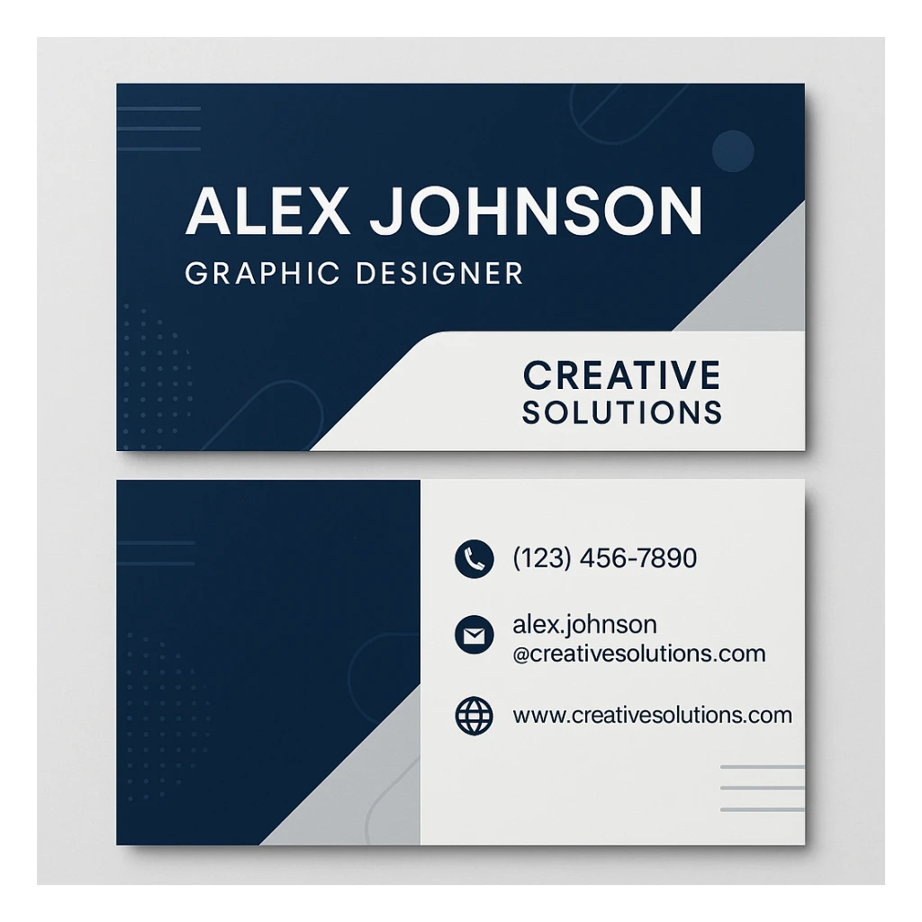 A modern and professional business card for Alex Johnson, Graphic Designer at Creative Solutions. The card should include the name, job title, company name, phone number (123) 456-7890, email alex.johnson@creativesolutions.com, and website www.creativesolutions.com. Use a clean, modern design with a professional color scheme. The card should have a creative and unique design. sticker