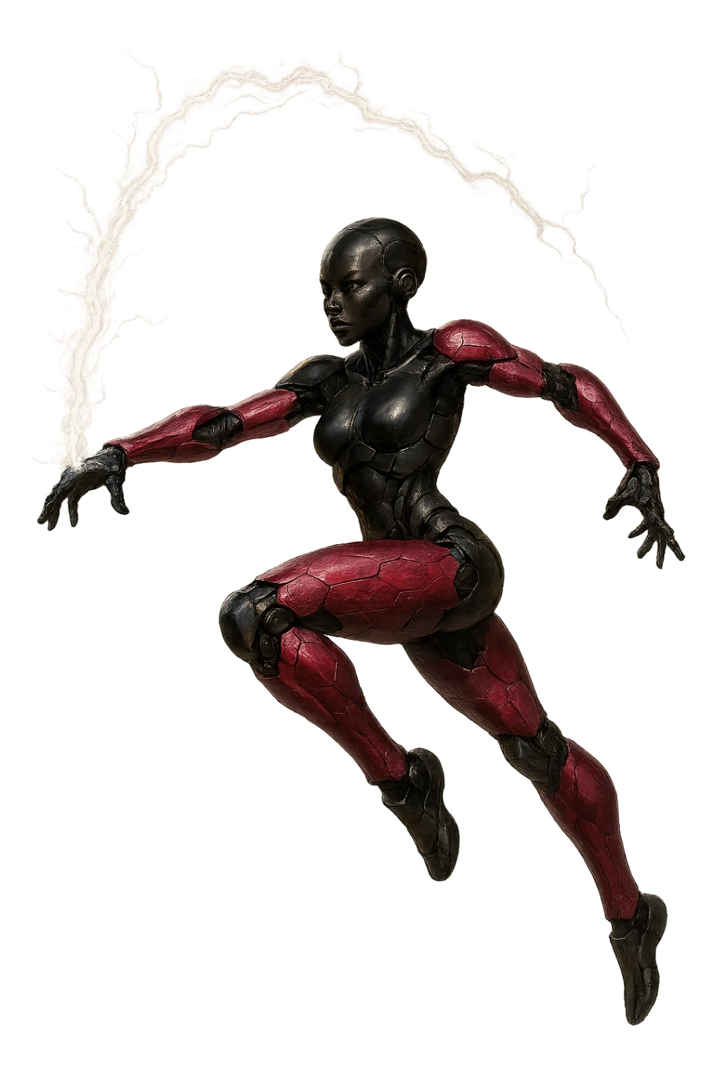 slim, powerful black female robot with small ear pieces, pink hexagonal arms and legs, leaping forward with a lightning whip, energetic, realistic dynamic pose, no border, transparent background, realistic art style sticker