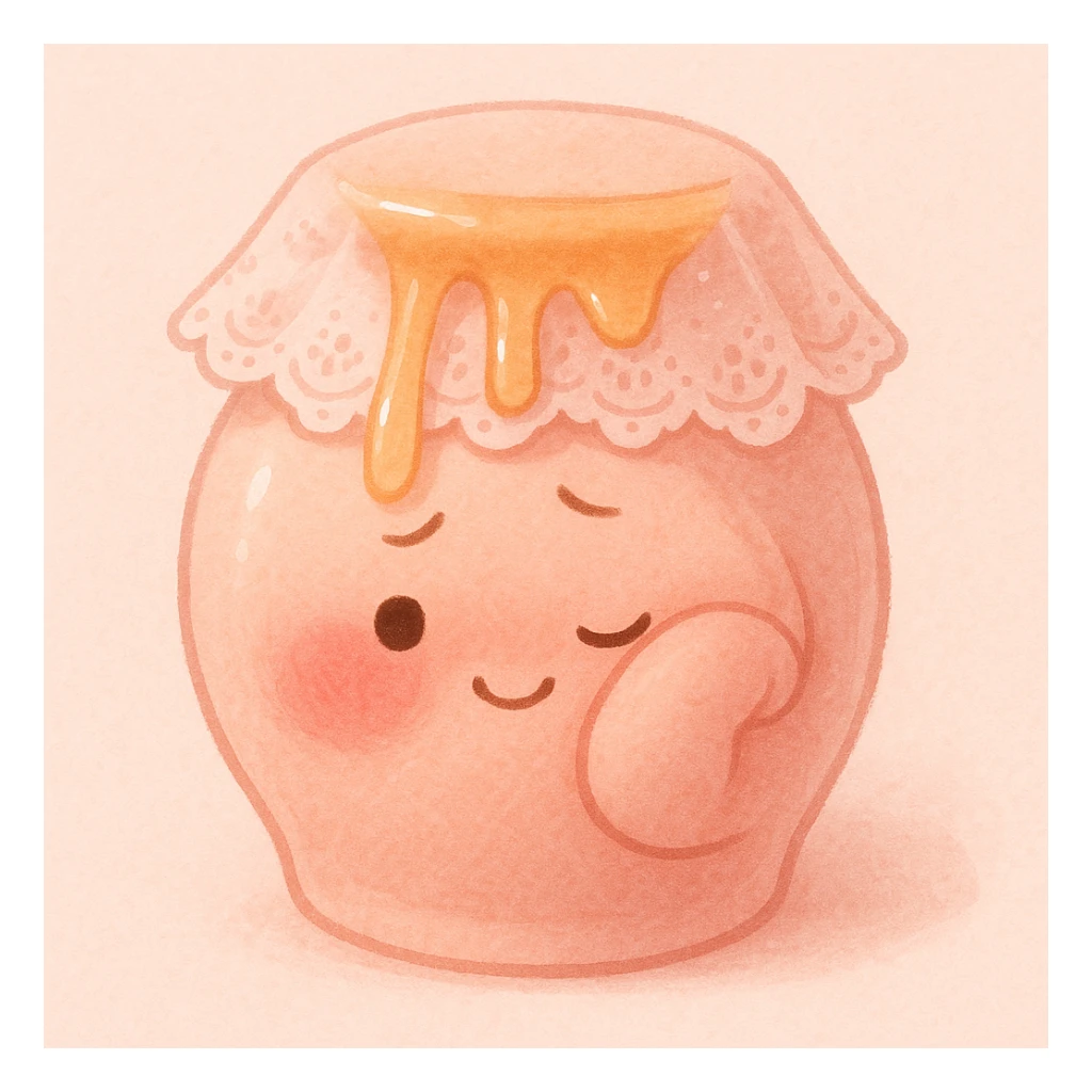bashful honeypot character, rosy cheeks, lace veil, tiny smile, hiding behind its arm, honey drips softly, blush pink color scheme sticker