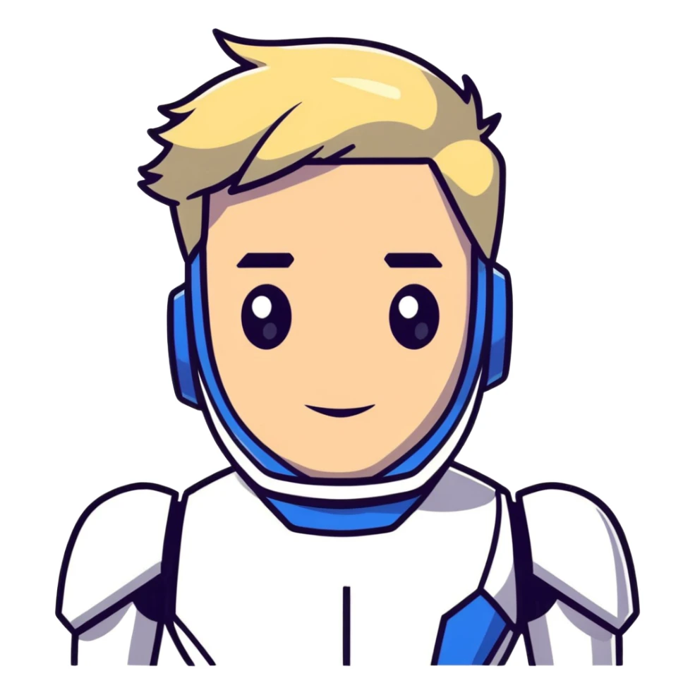 Male robot face with blond hair, sharp features, neutral expression, white collar, futuristic assistant sticker