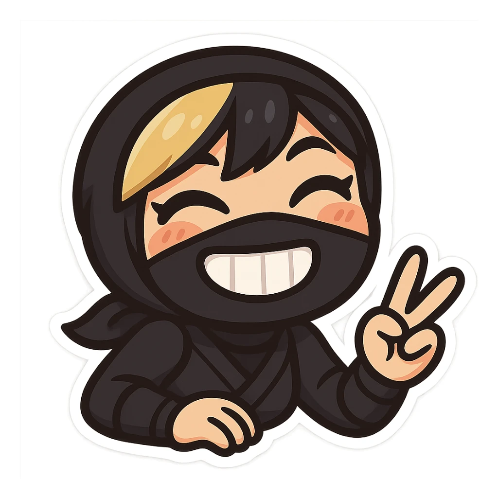 Make the expression even more weird-cute in colorful chibi style: sexy chibi ninja girl with black short hair and a blonde streak, only head and arms, making a peace sign, bold outlines, transparent background, no mask, eyes closed with a big toothy grin, sized for Twitch emoji use. sticker