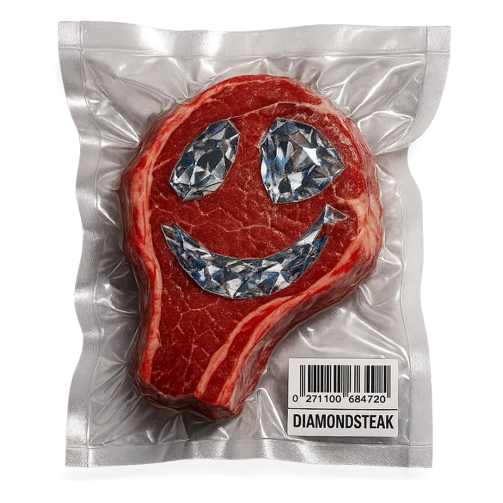meat steak with sparkling diamond facets, glossy and puffy, vacuum-sealed style sticker