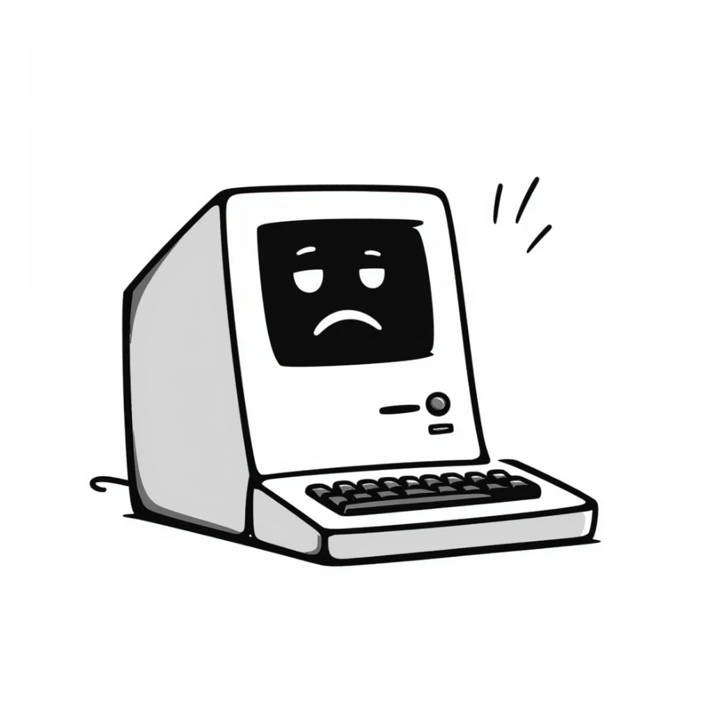 Pixel art style old Macintosh computer with a sad glitchy face on the screen, simple monochrome linework sticker