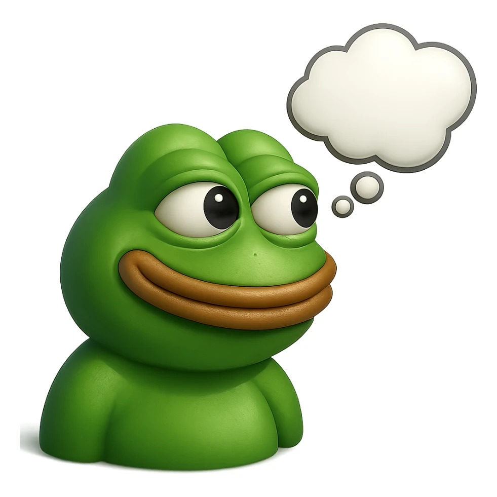 make a pepe in bright green smiling with thought bubble looking at left side in 3d style, good highlights and shadows, drop shadows sticker