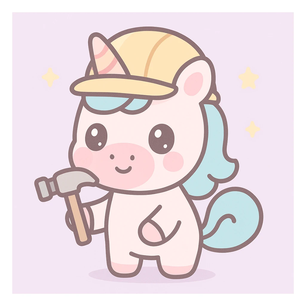 unicorn builder, construction worker unicorn wearing a hard hat and holding a hammer, kawaii style sticker