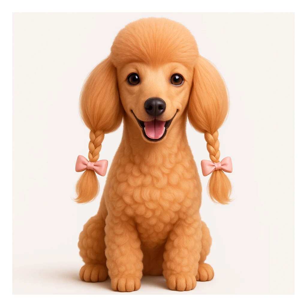 Peach-colored poodle with a narrow, short-haired face, hairstyle like Artemone. Long fluffy ears, each with a thin braid tied with a pink bow at the end. Happy face, smiling. 3D, realistic, alive. sticker
