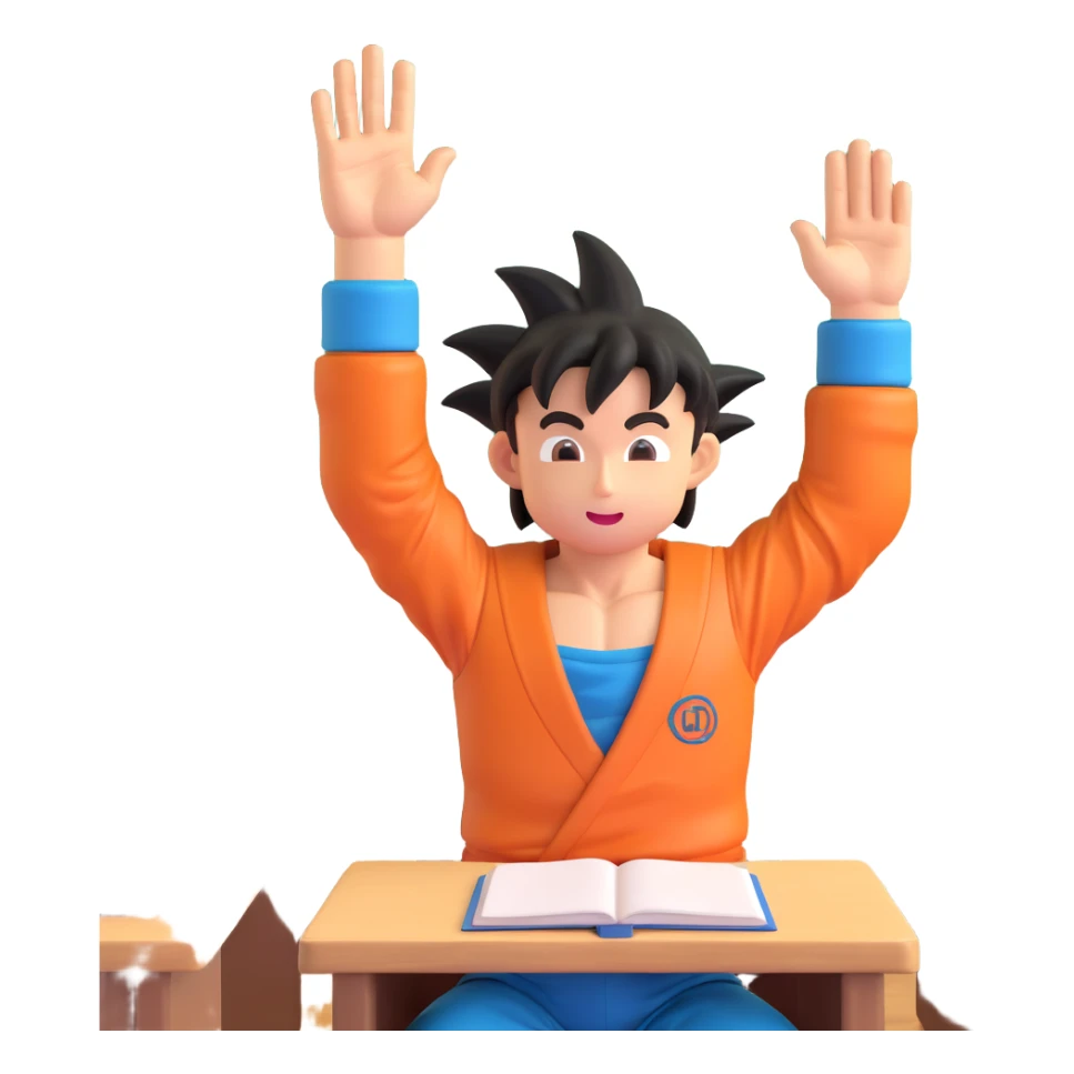 Goku as a student, raising his hand in class, school setting, 3D style sticker