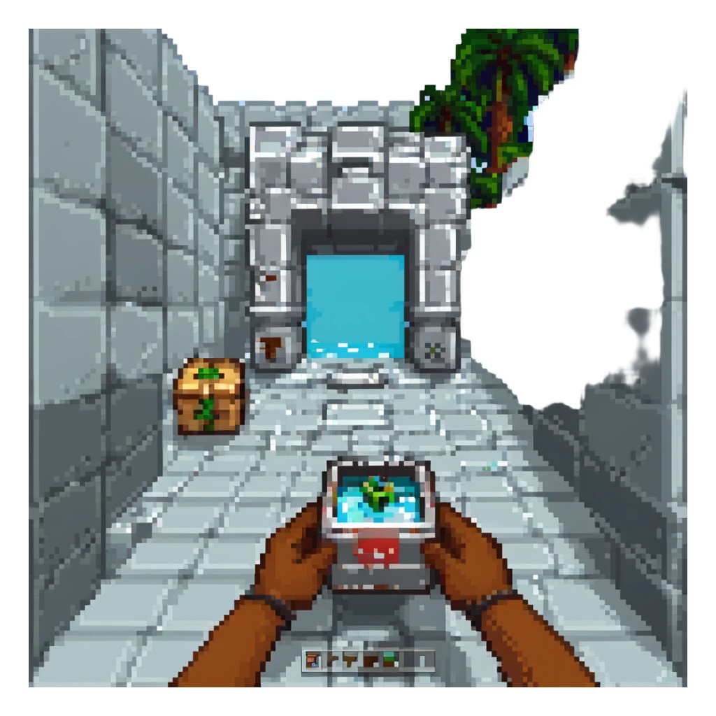 pixel art of Minecraft first-person view, hand holding a block, inventory bar at the bottom, classic Minecraft UI sticker