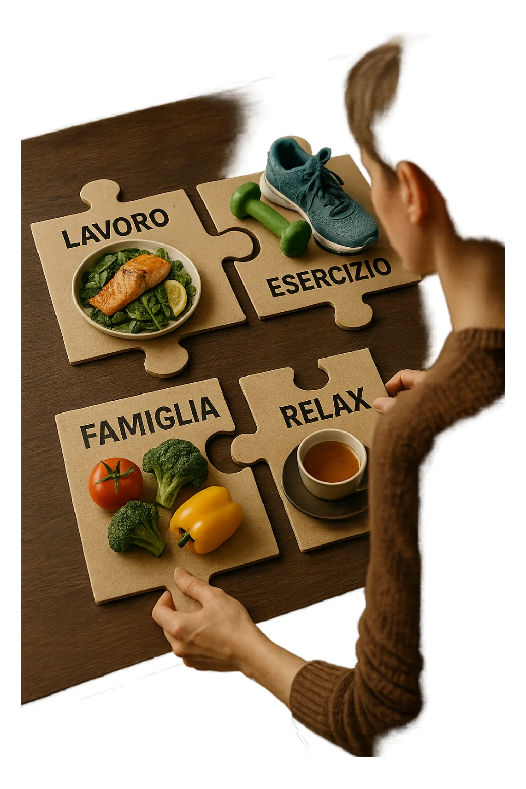 realistica cinematic photo a person is surrounded by puzzle pieces, each representing a different aspect of their life (Lavoro, Esercizio, Famiglia, Relax), and healthy foods are integrated into each piece. The person assembles the puzzle, creating a complete, personalized nutrition plan. The mood is uplifting and creative. in italiano sticker