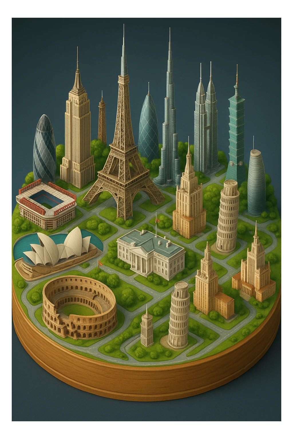 Оставь основу картинки - деревянную подставку, но при этом сгенерируй изометричная, яркая, детализированная и фотореалистичная иллюстрация где будет самые узнаваемые здания мира Эмпайр Стейт Билдинг, Эйфелева башня, Колизей, Сиднейская опера, стадион Сан-Сиро, Белый Дом Пизанская башня, здание МГУ, Бурдж-Халифа, Башни Петронас, Небоскрёб Фостера в Лондоне, Рейхстаг, Тайбэй sticker