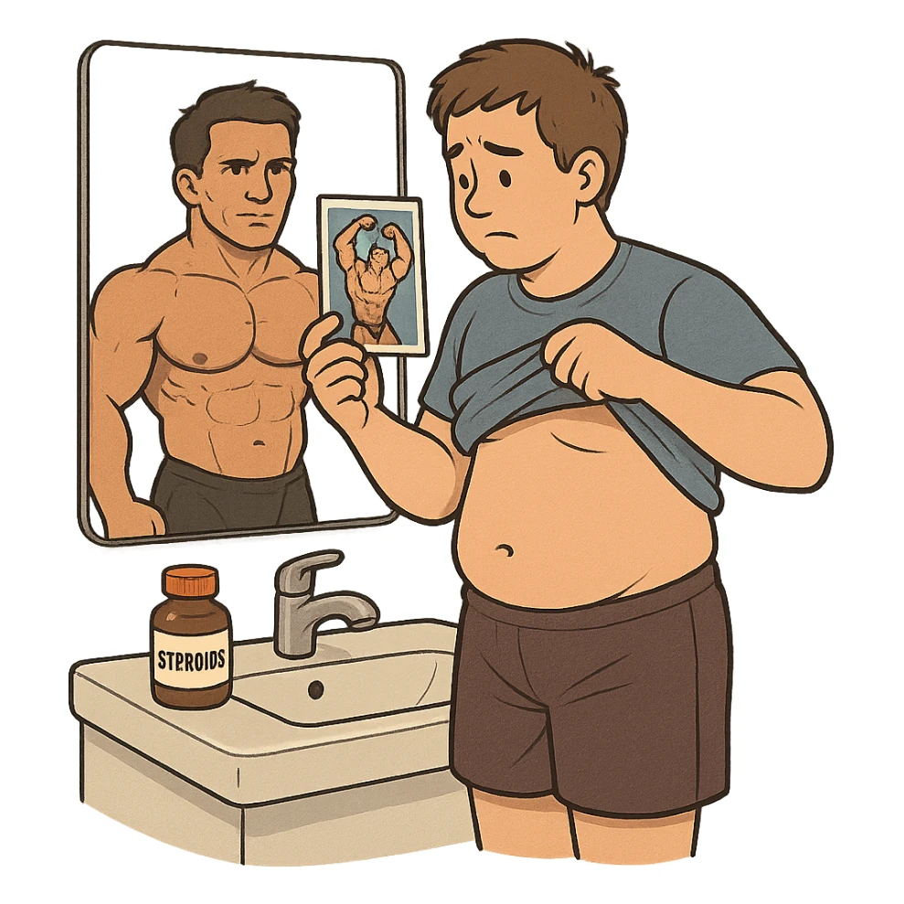inexperienced bodybuilder looking at mirror with lifted shirt, comparing physique with photo of professional athlete, anabolic steroid bottle on sink, isolated on white background sticker