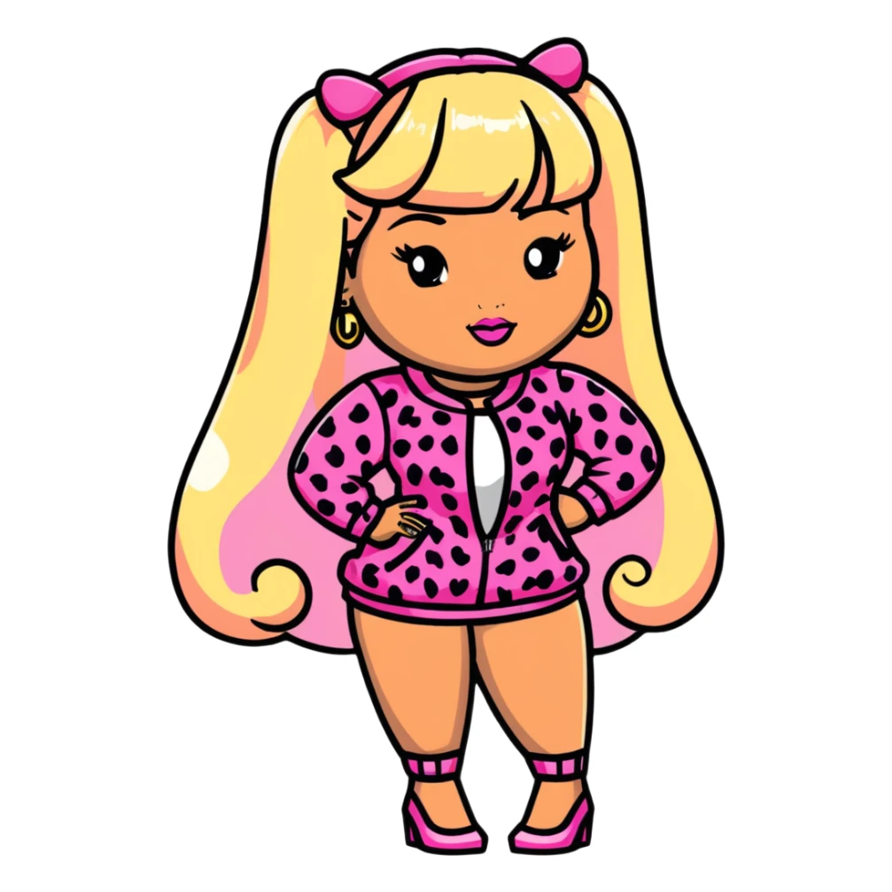 Nicki Minaj wearing pink and white leopard print outfit with half blonde half pink hairstyle with bangs sticker